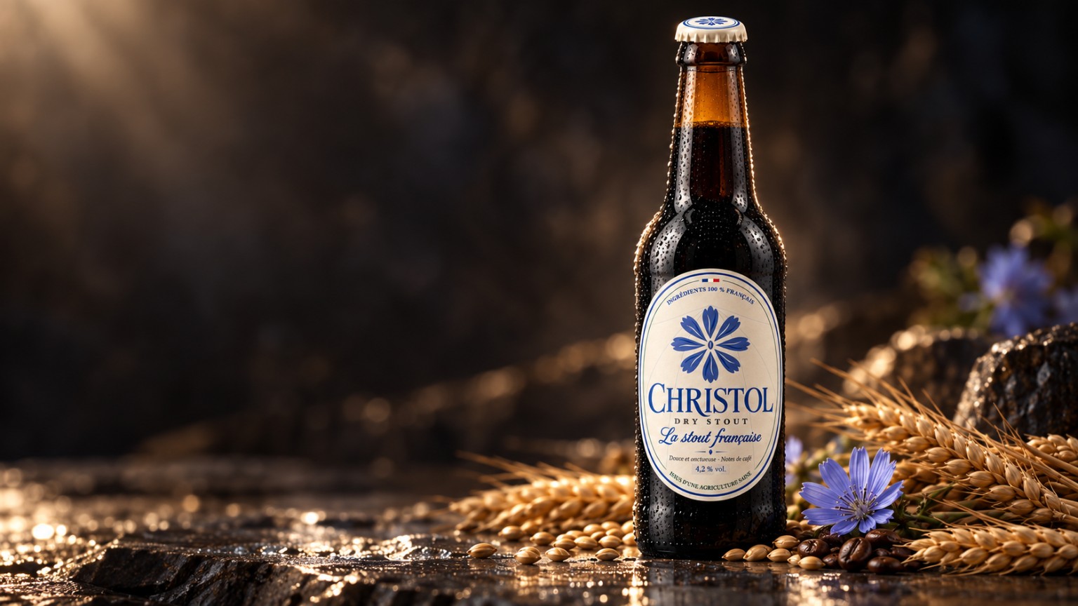 La Christol parmi les céréales et les fleurs de chicorée, dans la lumière chaude.
