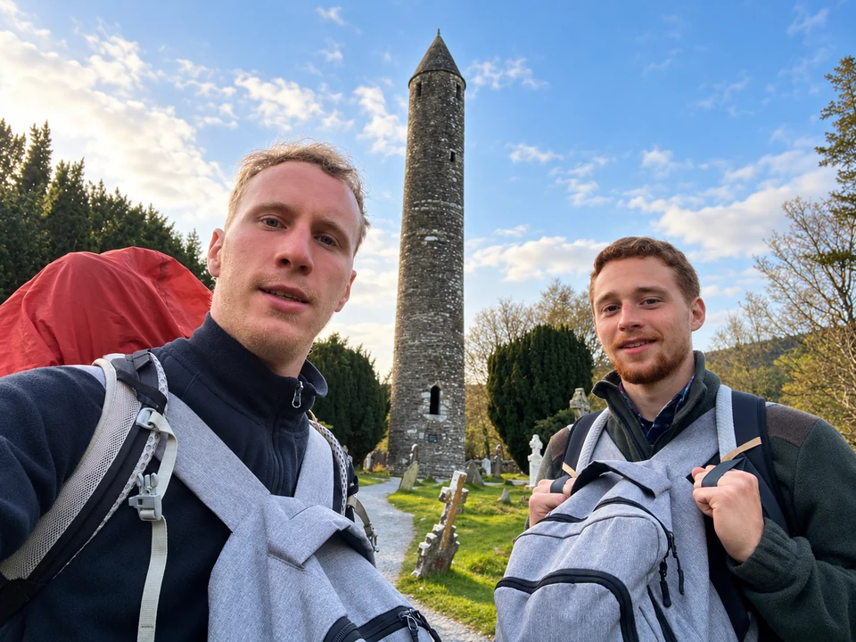 Mayeul et Romain en randonnée dans le Wicklow, en Irlande, devant une tour en pierre.